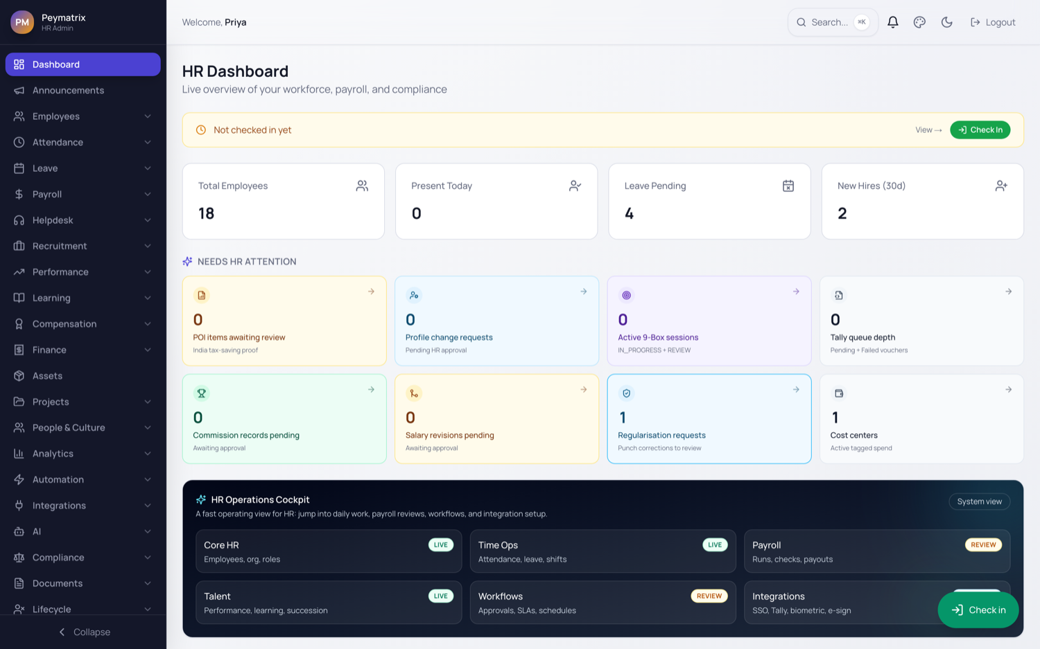 Peymatrix HR dashboard showing payroll, attendance and compliance status for India and UAE